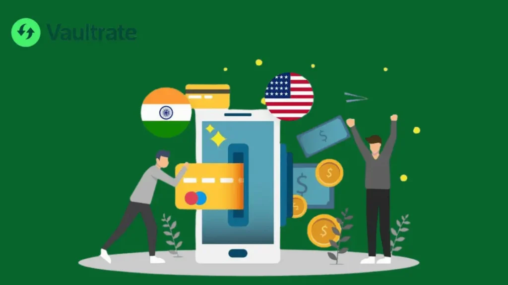 a graphic illustraotr of personsending money through debit card to usa from india in 2025 with green background