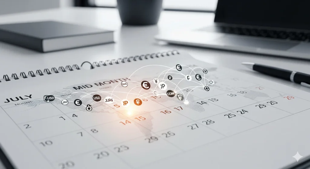 a calender with different currency on different dates emerging as the most suitable day for them to be converted in desired currency 