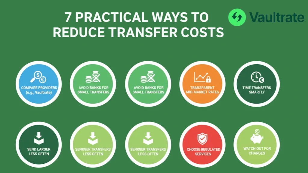 different symbols indicating 7 practical ways to reduce transfer cost on sending money from USA to Europe 