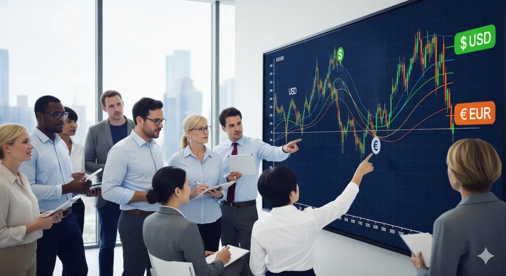 a groupof people studing sud to euro rates fluctuation on big screen 