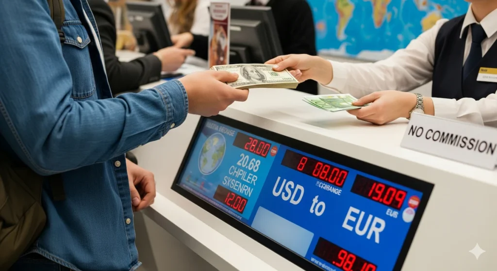 a person giving dollar and taking back euro from reception 