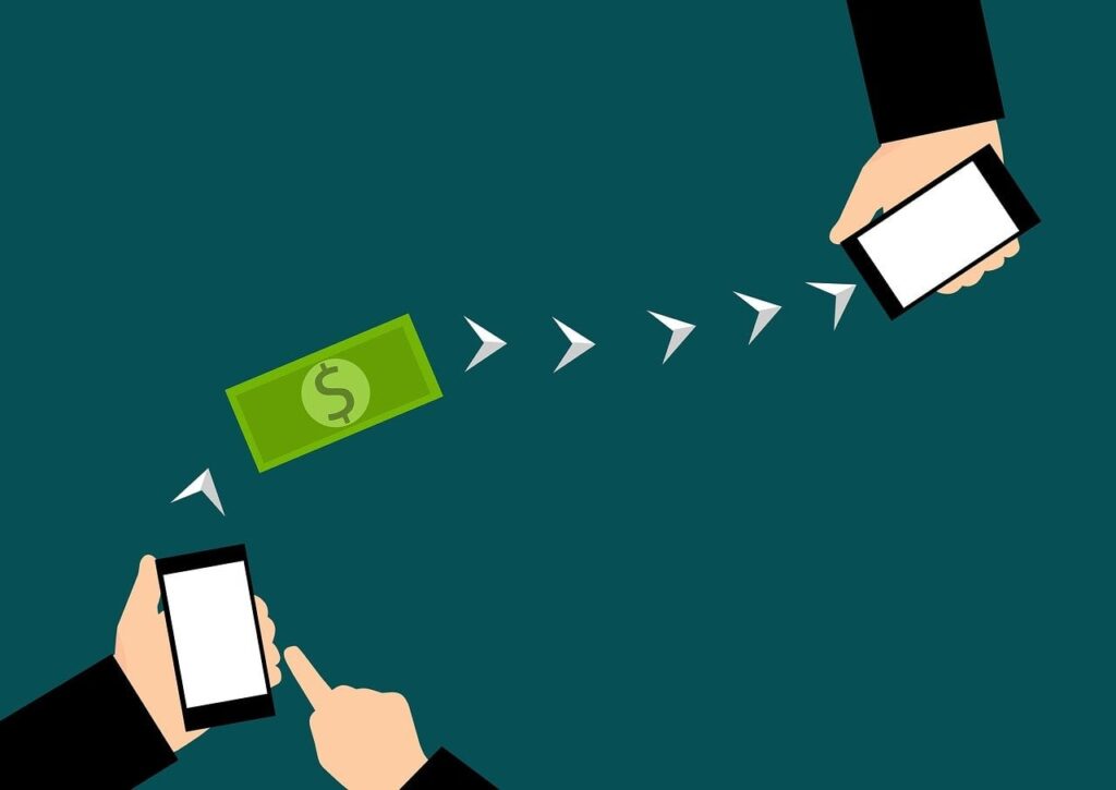 a simple dark green background displaying illustrator of dollar in mid while arrow pointing and coming out of one phone to another indicating international money transfer 